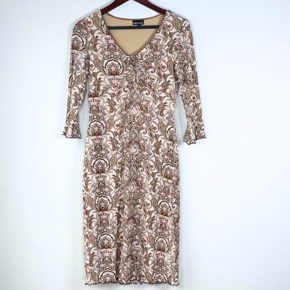 Vintage Y2K Wet Seal Paisley Milkmaid Dress Large Midi Fairycore Lettuce Flutter